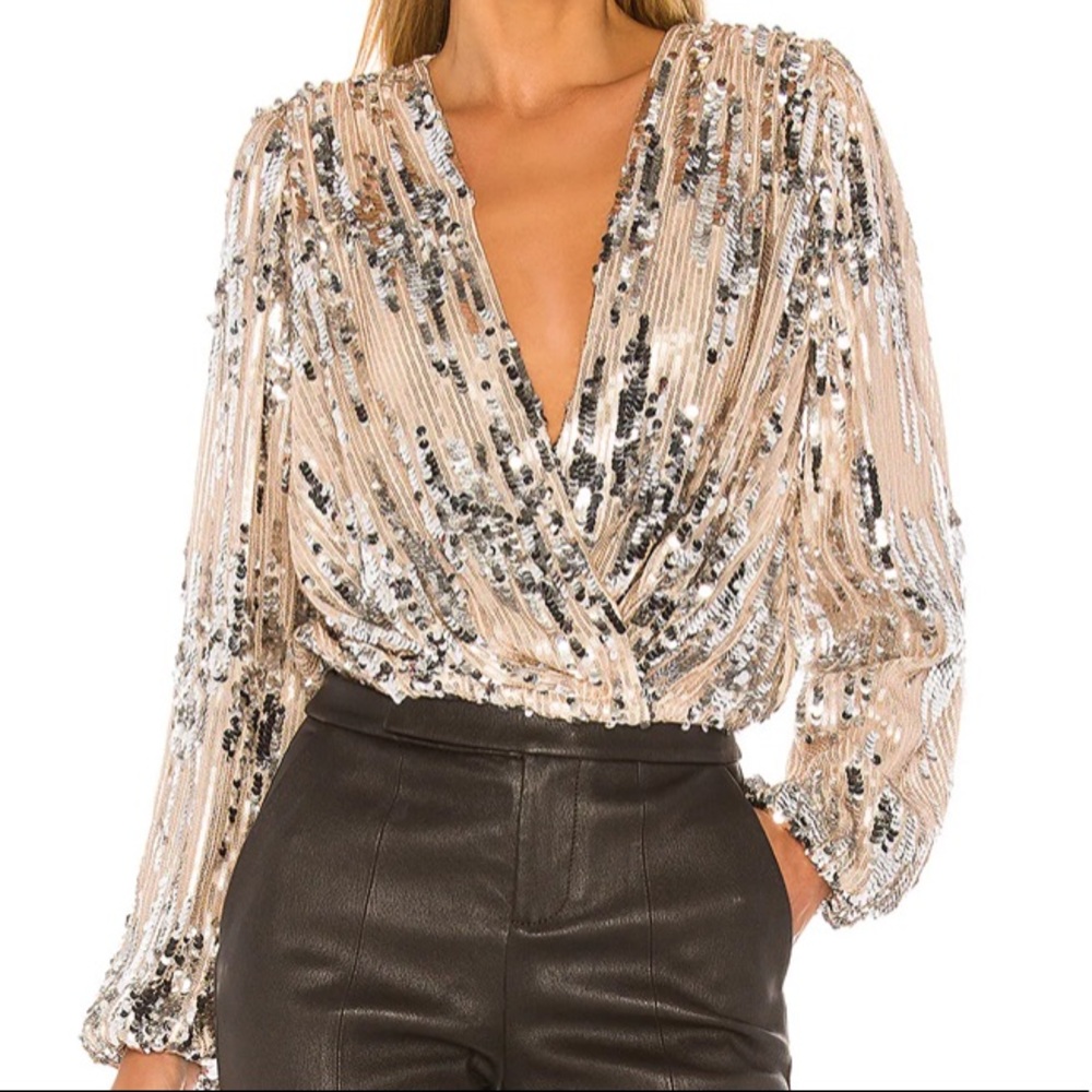 Astr Sequin Embellished Blouse in Silver and Cream